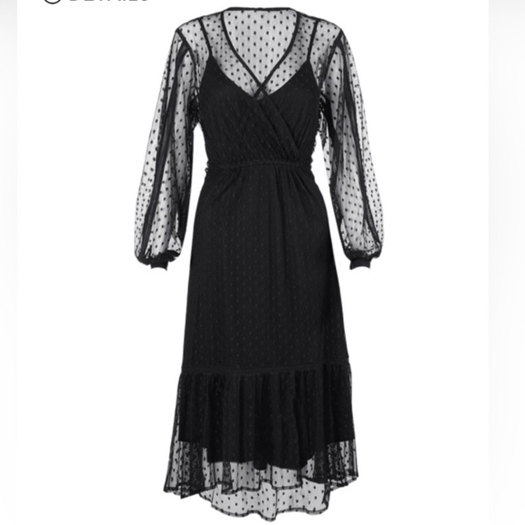 Cabi Dresses & Skirts - Cabi Black Lace Overlay Swiss Dot Midi Theater Dress Size L Long Sleeve
